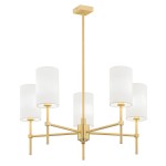 Lampa wisząca Abruzzo 5-punktowa w białej kolorystyce z metalowym, złotym stelażem. Posiada pięć okrągłych kloszy z matowego szkła, zamontowana na długim zwisie. Ujęcie frontalne, na białym tle.