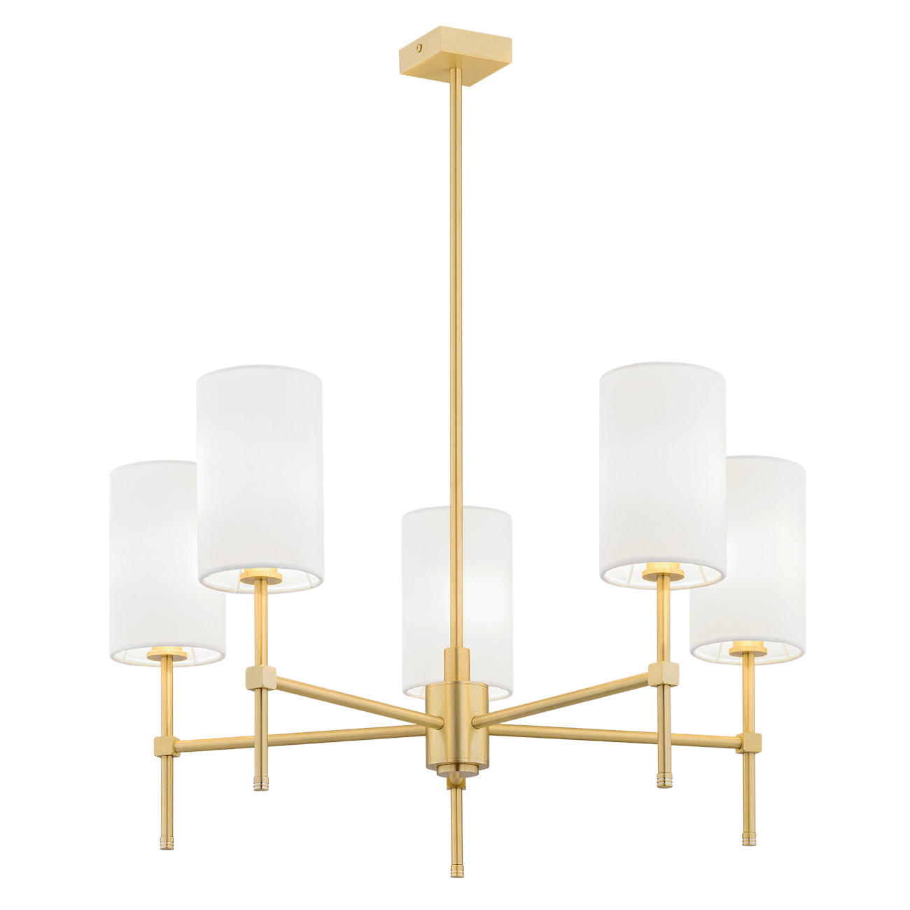 Lampa wisząca Abruzzo 5-punktowa w kolorze białym, z pięcioma cylindrycznymi kloszami z matowego szkła, umieszczonymi na złotej, metalowej konstrukcji. Produkt zawieszony na cienkim, prostokątnym stelażu.