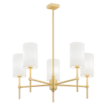 Lampa wisząca Abruzzo 5-punktowa w kolorze białym, z pięcioma cylindrycznymi kloszami z matowego szkła, umieszczonymi na złotej, metalowej konstrukcji. Produkt zawieszony na cienkim, prostokątnym stelażu.