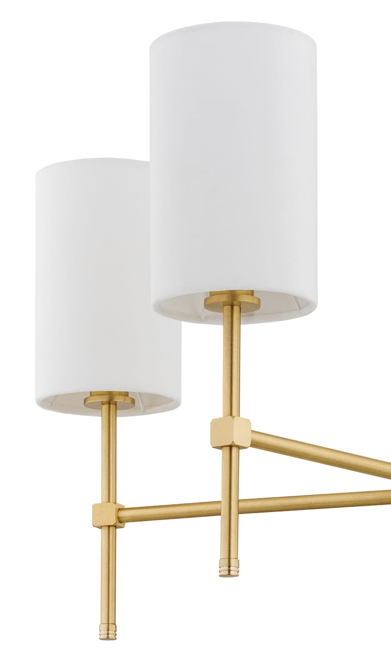 Lampa wisząca Abruzzo 5-punktowa, z białymi kloszami w kształcie cylindrów, na złotej metalowej konstrukcji. Widok z boku, ukazujący połączenia i detale mocowania. Idealna do nowoczesnych wnętrz.