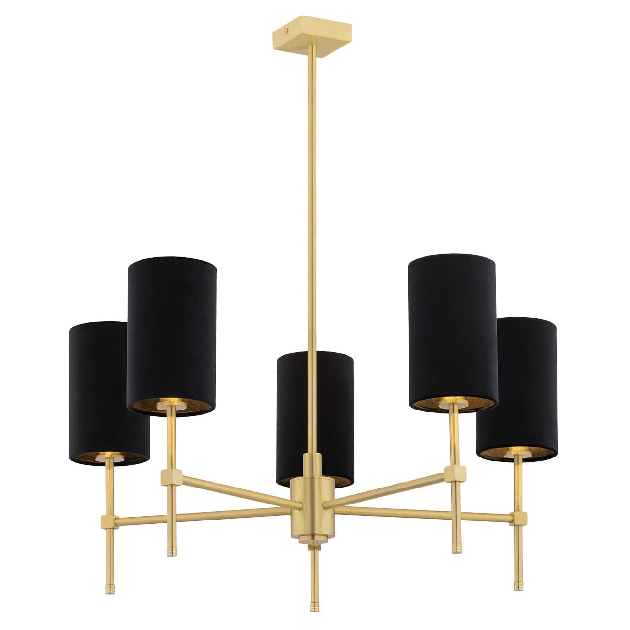 Lampa wisząca Abruzzo 5-punktowa w kolorze czarnym z metalowymi, złotymi detalami. Posiada pięć cylindrycznych kloszy z czarnego materiału, zamontowanych na rozłożystym stelażu. Ujęcie z dołu, prezentujące szczegóły konstrukcji i kształt kloszy.