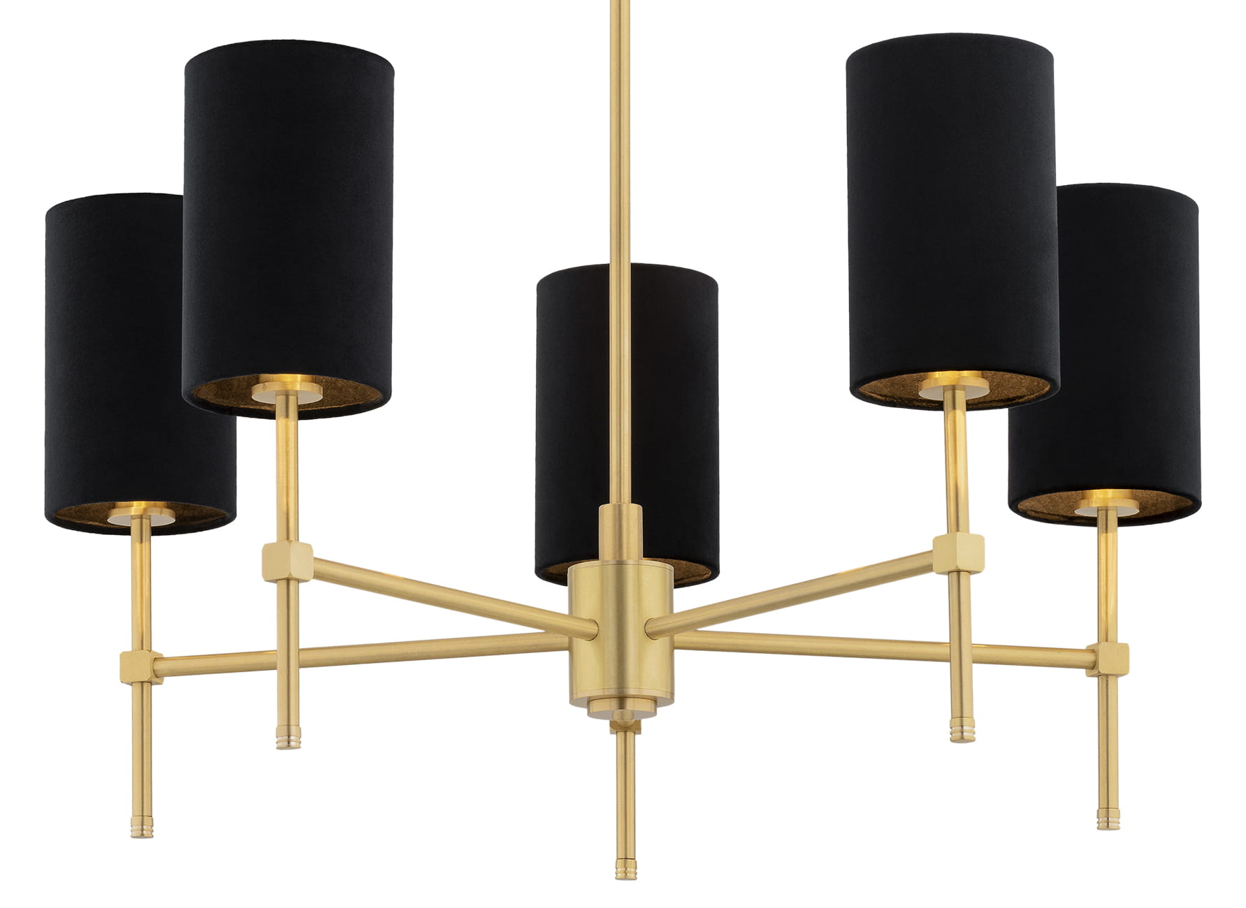 Lampa wisząca Abruzzo 5-punktowa w kolorze czarnym z metalowymi elementami w odcieniu złotym. Posiada pięć cylindrycznych kloszy, zawieszonych na symetrycznej konstrukcji. Ujęcie z dołu, ukazujące detal wykonania i położenie kloszy.