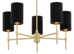 Lampa wisząca Abruzzo 5-punktowa w kolorze czarnym z metalowymi elementami w odcieniu złotym. Posiada pięć cylindrycznych kloszy, zawieszonych na symetrycznej konstrukcji. Ujęcie z dołu, ukazujące detal wykonania i położenie kloszy.