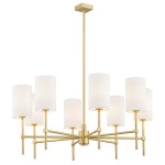 Lampa wisząca Abruzzo 8-punktowa w kolorze białym z metalową, złotą konstrukcją. Posiada osiem cylindrycznych kloszy z białego szkła, zamontowanych na rozłożystych ramionach. Ujęcie z boku, na jednolitym tle.