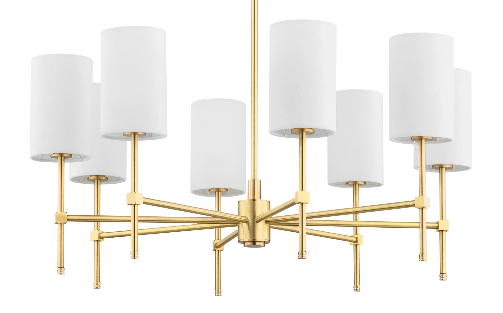 Lampa wisząca Abruzzo 8-punktowa w kolorze białym z cylindrycznymi kloszami. Stelaż w złotym wykończeniu, z równomiernie rozstawionymi ramionami. Ujęcie frontalne, prezentujące detal konstrukcji i kloszy.