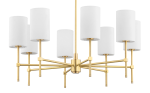 Lampa wisząca Abruzzo 8-punktowa w kolorze białym z cylindrycznymi kloszami. Stelaż w złotym wykończeniu, z równomiernie rozstawionymi ramionami. Ujęcie frontalne, prezentujące detal konstrukcji i kloszy.