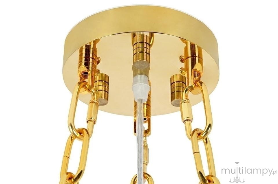 Złota lampa wisząca Imperial D80 z 16 punktami świetlnymi. Widok z góry na okrągły element montażowy, z metalowymi łańcuchami i gwintami do żarówek. Wykończenie w połysku, z wyraźnymi detalami montażowymi.