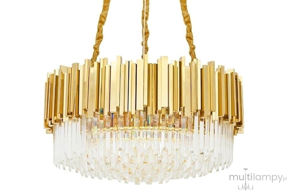 Lampa wisząca Imperial D80 z 16 punktami świetlnymi w złotym wykończeniu, z przezroczystymi kryształowymi elementami u dołu. Ujęcie frontalne, z widocznym teksturowanym przewodem. Elegancki design, idealna do nowoczesnych wnętrz.