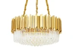 Lampa wisząca Imperial D80 z 16 punktami świetlnymi w złotym wykończeniu, z przezroczystymi kryształowymi elementami u dołu. Ujęcie frontalne, z widocznym teksturowanym przewodem. Elegancki design, idealna do nowoczesnych wnętrz.