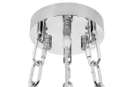 Srebrna lampa wisząca Imperial D80 z 16 punktami świetlnymi. Ujęcie z dołu, pokazujące metalowy sufit oraz łańcuchy mocujące. Elementy montażowe oraz gniazda na żarówki w widocznej, błyszczącej obudowie.