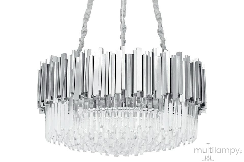 Lampa wisząca Imperial D80, 16-punktowa, w kolorze srebrnym. Okrągła konstrukcja z przezroczystymi i lustrzanymi elementami, zawieszona na długim, tekstylnym przewodzie. Efektowny design z pionowymi prętami, idealna do nowoczesnych wnętrz.