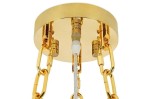 Złota lampa wisząca Imperial D60 z 12 punktami świetlnymi. Widok z góry na okrągły sufitowy uchwyt z metalowymi łańcuchami. Widać miejsce na żarówki oraz elementy mocujące. Błyszcząca powierzchnia, elegancki design.