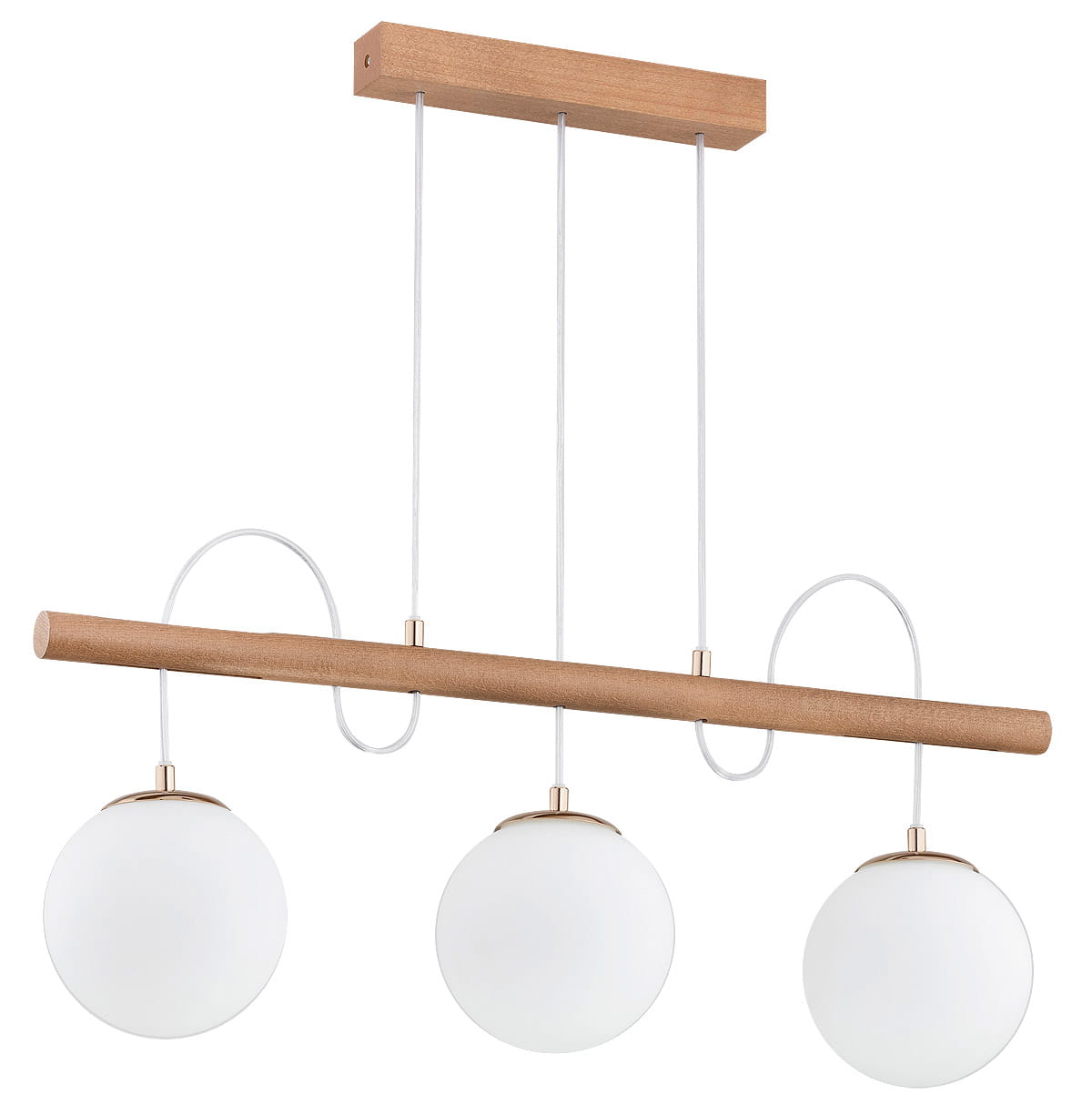 Lampa wisząca Dinar 3-punktowa w odcieniu złotym i naturalnym, z drewnianą belką i trzema białymi, okrągłymi kloszami. Zawieszona na białych przewodach, idealna do nowoczesnych wnętrz.