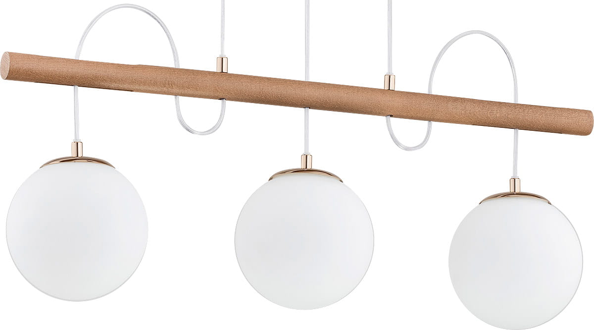 Lampa wisząca Dinar 3-punktowa z pięcioma białymi, okrągłymi kloszami ze szkła, zawieszona na drewnianym stelażu w kolorze naturalnym. Kable w białym kolorze, instalacja zwieszana, układ poziomy. Idealna do nowoczesnych wnętrz.