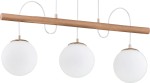 Lampa wisząca Dinar 3-punktowa z pięcioma białymi, okrągłymi kloszami ze szkła, zawieszona na drewnianym stelażu w kolorze naturalnym. Kable w białym kolorze, instalacja zwieszana, układ poziomy. Idealna do nowoczesnych wnętrz.