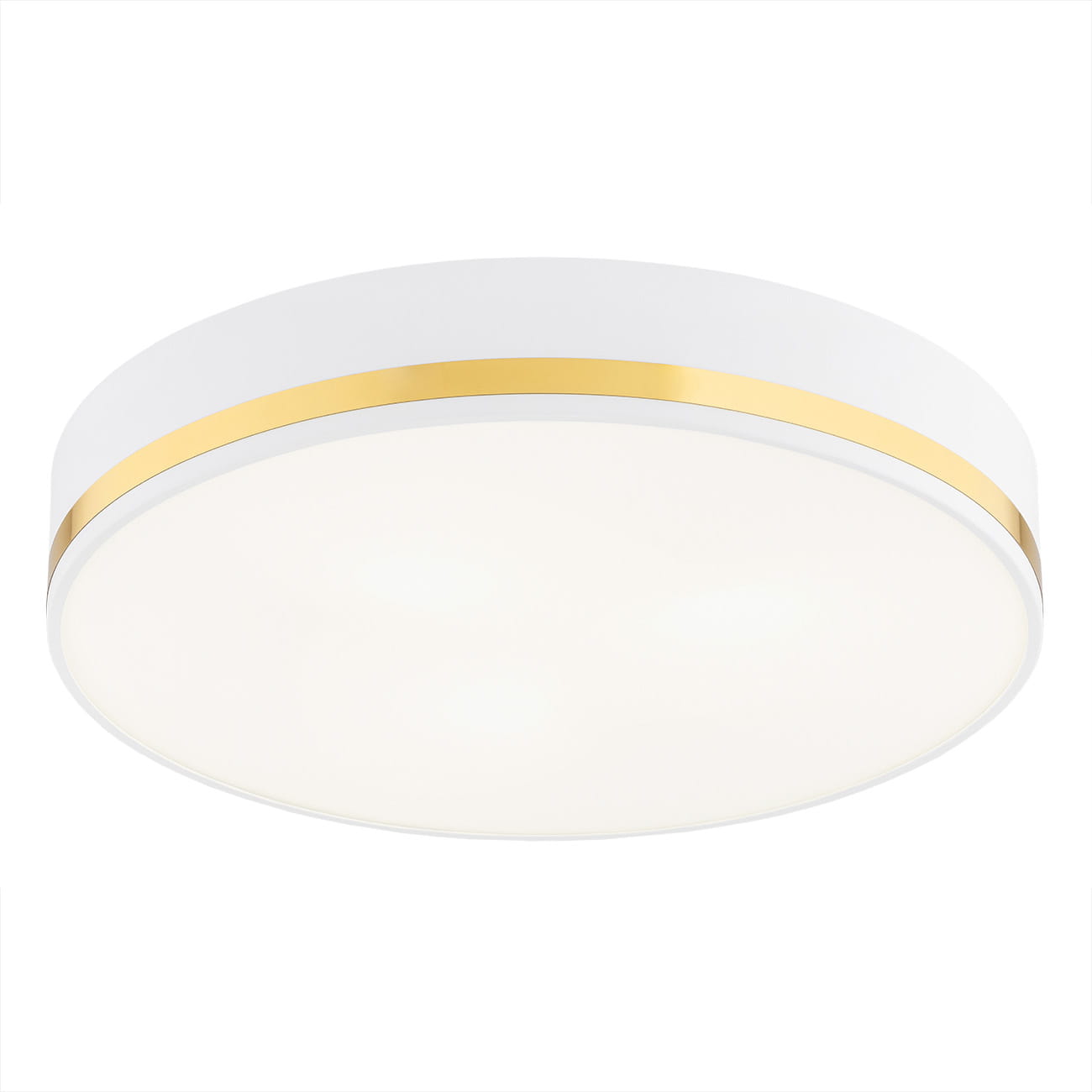 Plafon Amore D45 w kolorze białym z złotą obręczą, okrągły kształt, montowany sufitowo. Oświetlenie z trzema punktami świetlnymi, idealne do nowoczesnych wnętrz. Tło białe, co podkreśla elegancję lampy.