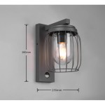 Kinkiet zewnętrzny Tuela w kolorze antracytowym, z czujnikiem ruchu. Oświetlenie w kształcie cylindrycznym, osłonięte metalową siatką, wymiary: 280 mm wysokości, 235 mm szerokości. Zainstalowany na ścianie, emitujący ciepłe światło.