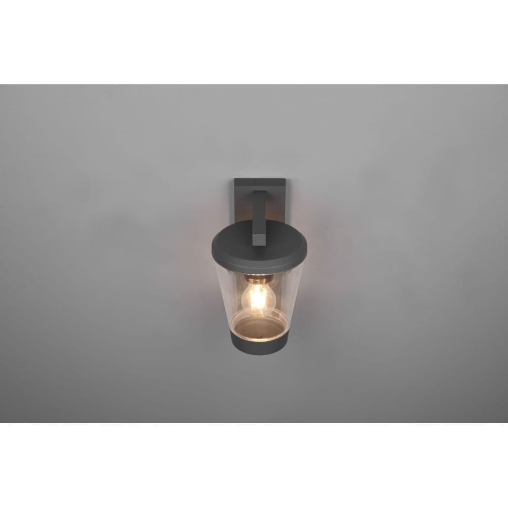 Kinkiet zewnętrzny Cavado 1-punktowy z czujnikiem ruchu w kolorze antracytowym. Lampa o cylindrycznym kształcie z przezroczystym kloszem, montowana na ścianie, z widoczną żarówką wewnątrz. Ujęcie frontalne na jednolitym tle.