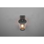 Kinkiet zewnętrzny Cavado 1-punktowy z czujnikiem ruchu w kolorze antracytowym. Lampa o cylindrycznym kształcie z przezroczystym kloszem, montowana na ścianie, z widoczną żarówką wewnątrz. Ujęcie frontalne na jednolitym tle.