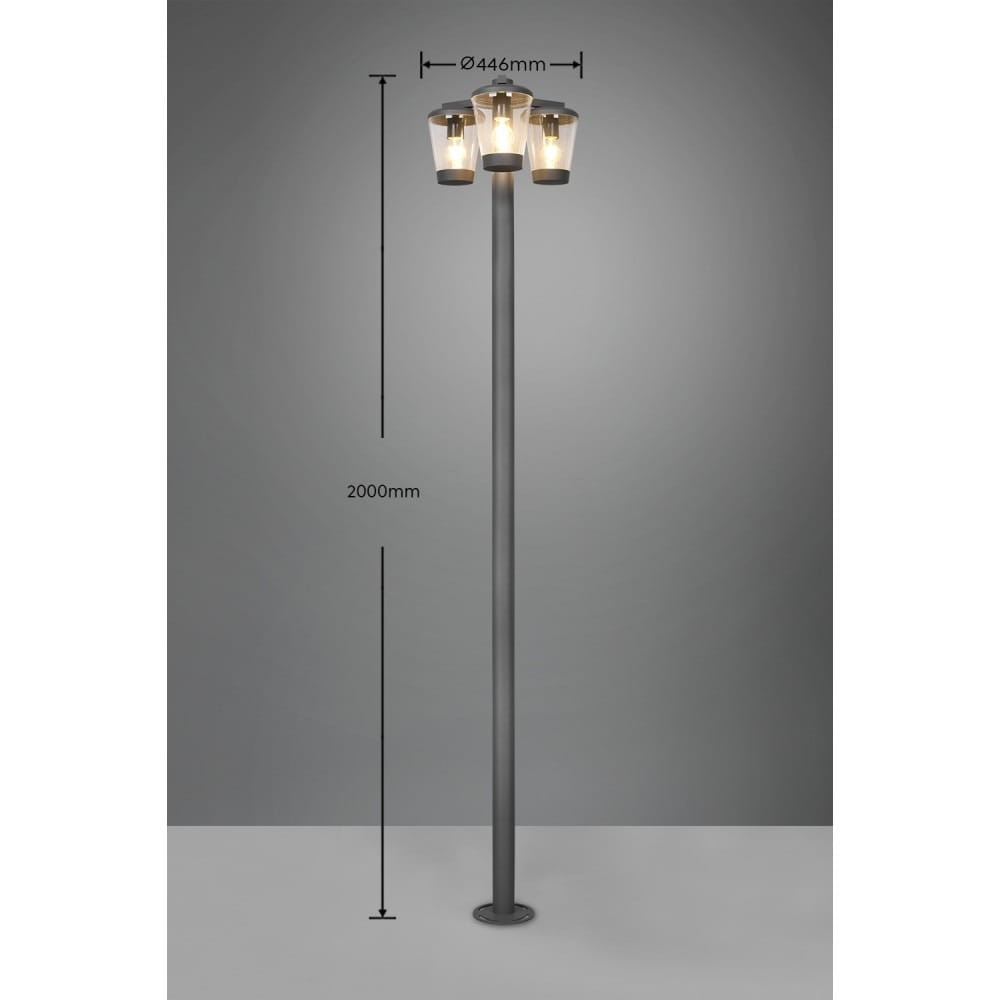 Lampa ogrodowa stojąca Cavado H220 w kolorze antracytowym, 3-punktowa, o wysokości 2000 mm i średnicy 446 mm. Wysoka, smukła konstrukcja z przezroczystymi kloszami, umieszczona na solidnej podstawie, idealna do oświetlenia przestrzeni zewnętrznych.