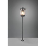 Stojąca lampa ogrodowa Cavado H100, antracytowa, z przezroczystym kloszem, na prostym słupku. Ujęcie frontalne, lampa włączona, emitująca ciepłe światło. Idealna do oświetlenia przestrzeni zewnętrznych.