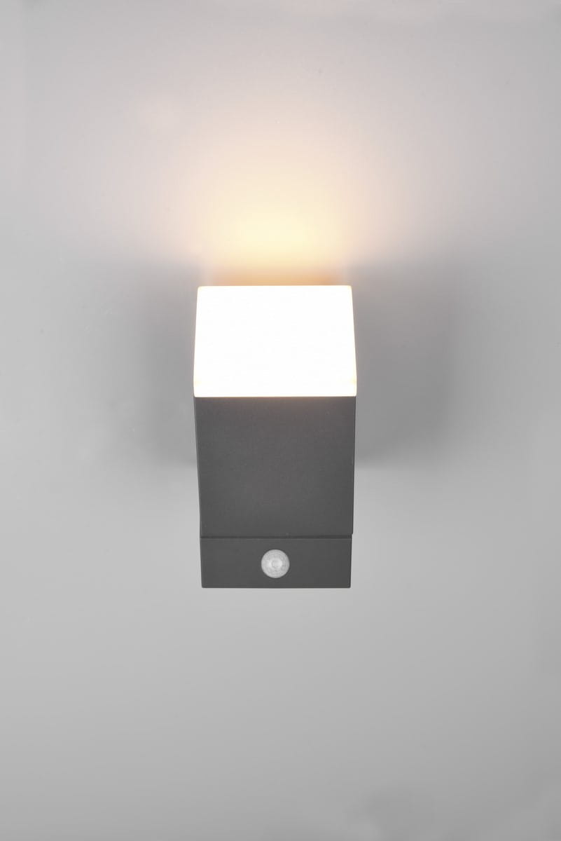 Avon LED kinkiet zewnętrzny 1-punktowy w kolorze antracytowym z czujnikiem ruchu. Kwadratowa lampa montowana na ścianie, emitująca światło z góry. Widoczny czujnik na dolnej części obudowy. Tło jasne, proste.