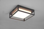 LED lampa sufitowa zewnętrzna 1-punktowa w kolorze antracytowym, o kwadratowym kształcie z białym, matowym kloszem. Ujęcie z dołu pokazuje lampę zamontowaną na suficie, z widocznymi metalowymi elementami konstrukcyjnymi.
