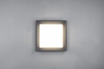 Lampa sufitowa zewnętrzna Witham LED w kolorze antracytowym, kwadratowa, z białym źródłem światła. Ujęcie frontalne, zamontowana na ścianie, z lekkim podświetleniem krawędzi. Prosty design, idealna do oświetlenia przestrzeni na zewnątrz.