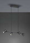 Czarna lampa wisząca Marley, 4-punktowa, z prostokątnym mocowaniem sufitowym. Cztery cylindryczne klosze zawieszone na regulowanych linkach, skierowane w różne strony. Prosty, nowoczesny design, idealna do współczesnych wnętrz.