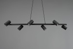 Lampa wisząca Marley 6-punktowa w kolorze czarnym, z sześcioma cylindrycznymi źródłami światła zamocowanymi na poziomej belce. Ujęcie z góry, ukazujące minimalistyczny design i równomierne rozłożenie punktów świetlnych.