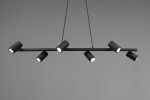 Czarna lampa wisząca Marley z sześcioma punktami świetlnymi, umieszczona na poziomej listwie. Lampa ma cylindryczne klosze skierowane w różne strony, zawieszona na cienkich linkach w prostej aranżacji na szarym tle.
