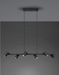 Lampa wisząca Marley, 6-punktowa, w kolorze czarnym. Posiada prostokątną podstawę z metalowymi linkami i sześć okrągłych kloszy skierowanych w różne strony, umieszczonych na poziomej belce. Idealna do nowoczesnych wnętrz.