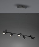 Czarna lampa wisząca Marley z sześcioma punktami świetlnymi, zawieszona na cienkich linkach, z prostokątnym mocowaniem sufitowym. Reflektory o cylindrycznym kształcie skierowane w różnych kierunkach, na jednolitym, ciemnym tle.