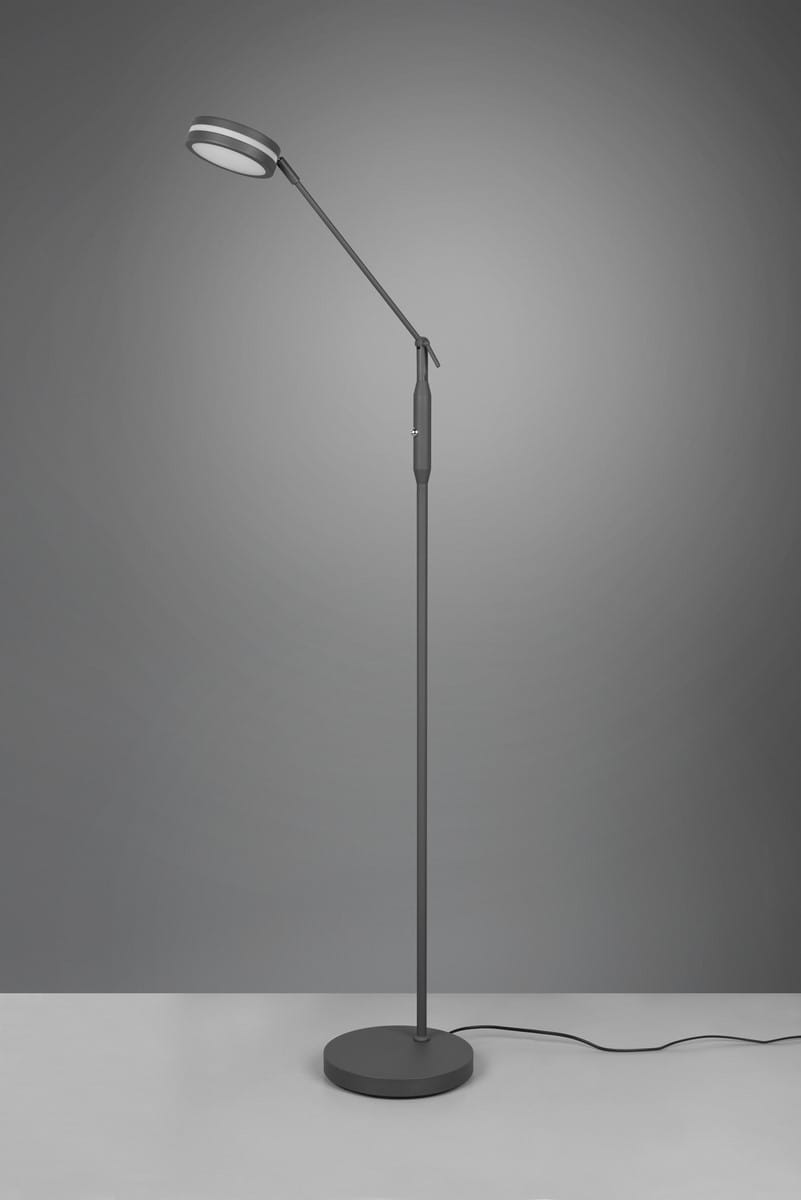 Franklin LED lampa podłogowa 1-punktowa w kolorze antracytowym, z prostą, smukłą podstawą okrągłą. Ramię lampy elastyczne, z głowicą świecącą na górze. Ujęcie frontalne, lampa stoi na szarej powierzchni, w tle jednolite, szare.