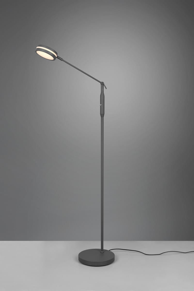 Lampa podłogowa Franklin LED 1-punktowa w kolorze antracytowym. Stojąca konstrukcja z okrągłą podstawą, regulowanym ramieniem i okrągłym kloszem, emitującym ciepłe światło. Prosta forma na szarym tle.