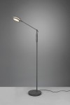 Lampa podłogowa Franklin LED 1-punktowa w kolorze antracytowym. Stojąca konstrukcja z okrągłą podstawą, regulowanym ramieniem i okrągłym kloszem, emitującym ciepłe światło. Prosta forma na szarym tle.