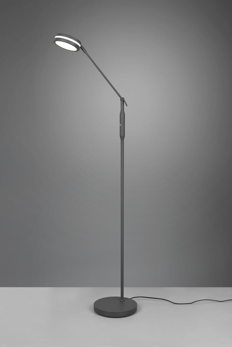 Franklin LED lampa podłogowa 1-punktowa w kolorze antracytowym, z metalowym statywem i okrągłą podstawą. Lampa ma ruchomy ramie oraz okrągłą głowicę z diodami LED. Ujęcie frontalne, na jednolitym tle.