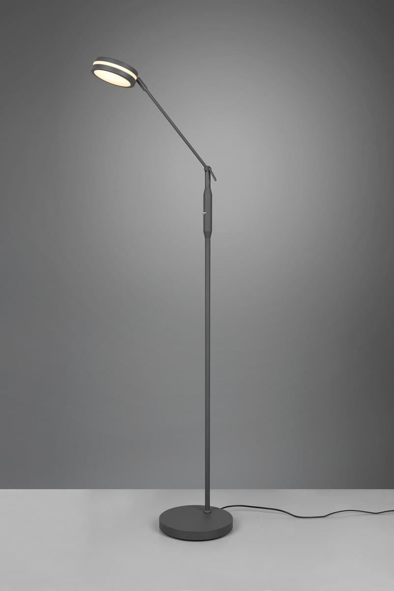 Lampa podłogowa Franklin LED w kolorze antracytowym z regulowanym ramieniem i okrągłą głowicą. Stoi na okrągłej podstawie, z widocznym kablem. Tło w odcieniach szarości, podkreślające minimalistyczny design.