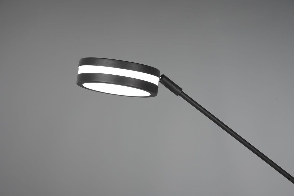 Franklin LED lampa podłogowa 2-punktowa w kolorze antracytowym. Lampa ma okrągłą głowicę z białym światłem, z dwoma poziomymi paskami. Ujęcie z boku, pokazujące smukły, prosty kształt oraz materiał metalowy. Tło szare, minimalistyczne.