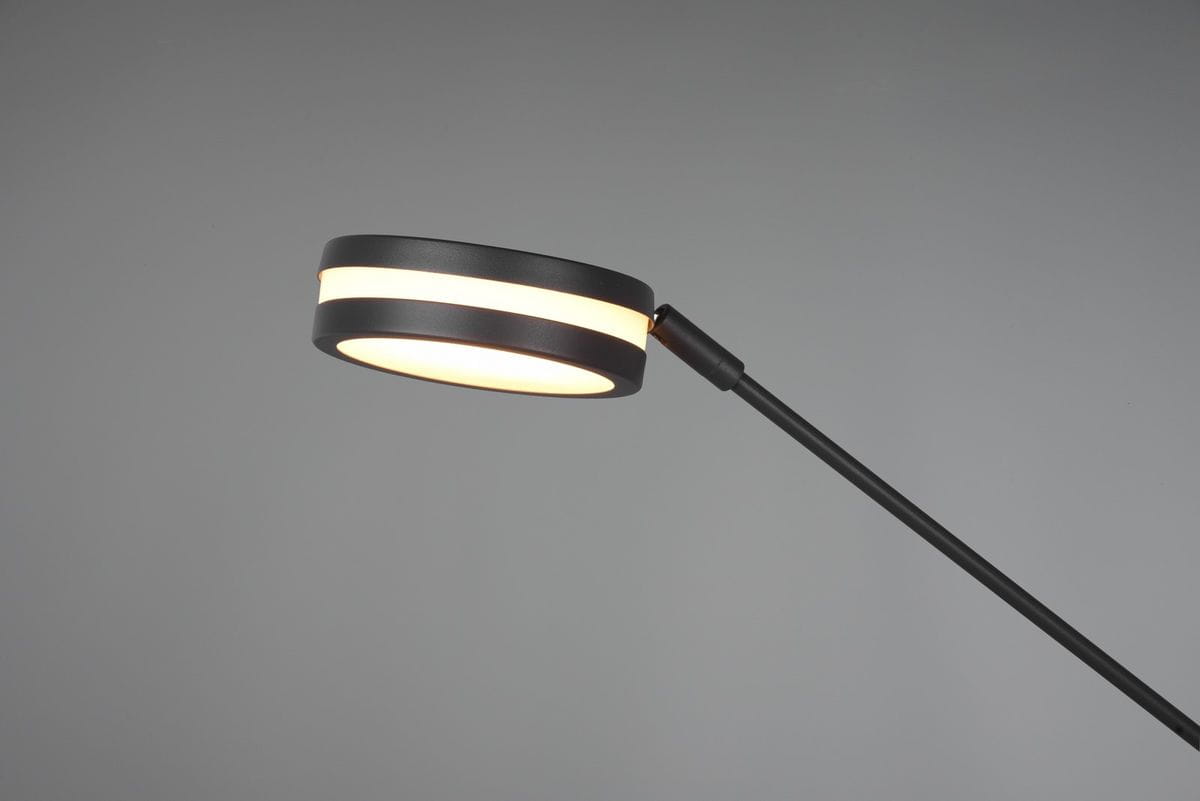 Lampa podłogowa Franklin LED, 2-punktowa, antracytowa. Widok z boku na okrągłą głowicę z dwoma jasnymi pasami, zamocowaną na smukłym, prostym stelażu. Tło szare, podkreślające nowoczesny design lampy.
