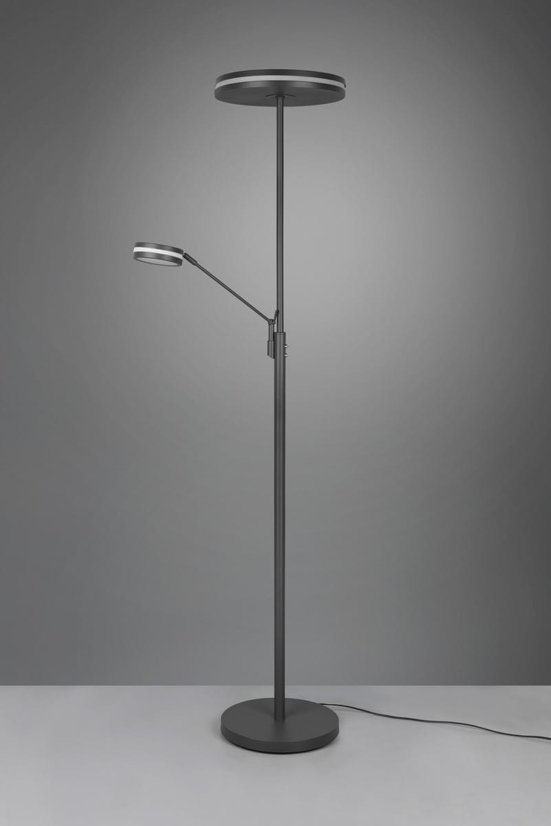 Franklin LED lampa podłogowa 2-punktowa w kolorze antracytowym, z okrągłą górną głowicą i ruchomym ramieniem. Stojąca na okrągłej podstawie, z widocznym przewodem zasilającym, prezentuje nowoczesny design.