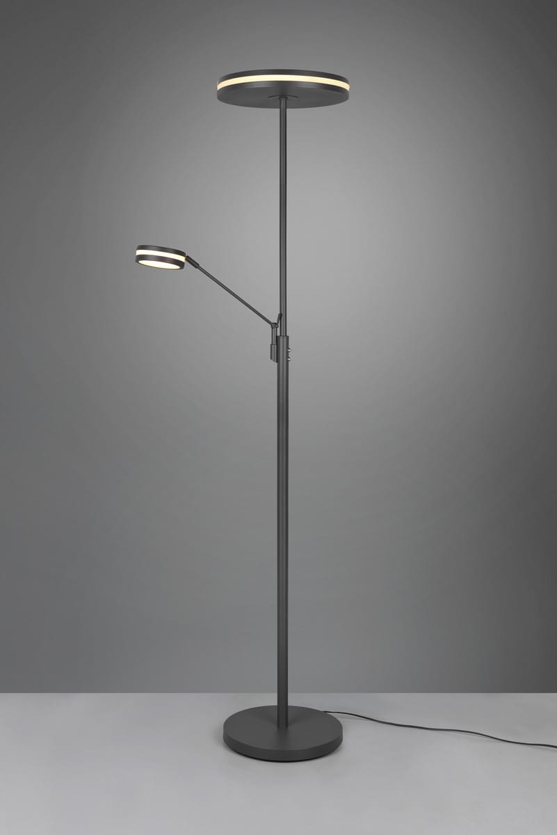 Lampa podłogowa Franklin LED 2-punktowa w kolorze antracytowym, z okrągłym kloszem u góry i mniejszym wysięgnikiem. Stojąca na okrągłej podstawie, z widocznym kablem. Nowoczesny design idealny do wnętrz.