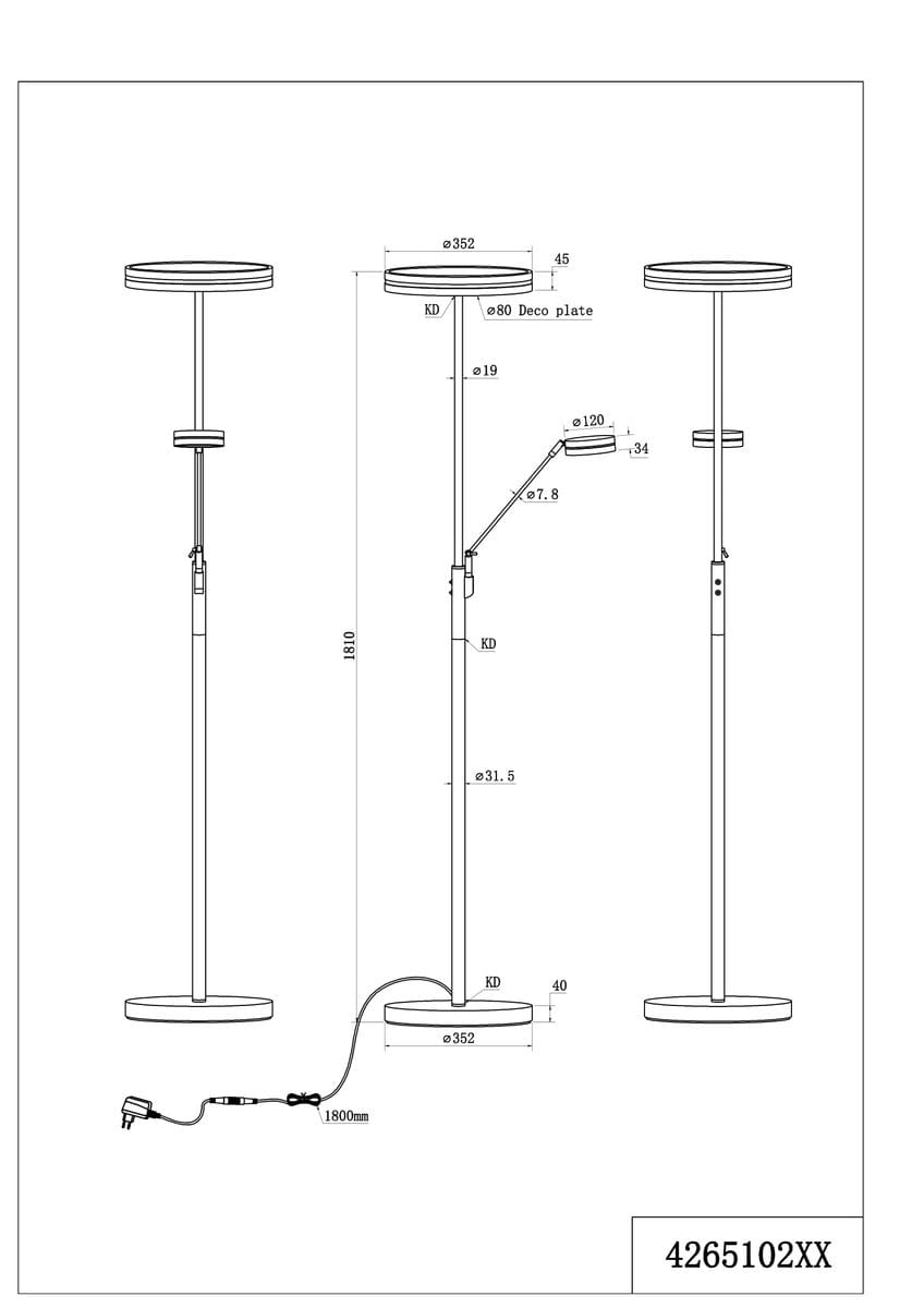 Lampa podłogowa Franklin LED, 2-punktowa, w kolorze antracytowym. Okrągła podstawa o średnicy 352 mm, wysokość 1810 mm. Regulowane ramiona z głowicami o średnicy 120 mm, wbudowane źródło światła. Kabel z wtyczką o długości 1800 mm.