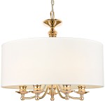 Lampa wisząca Abu Dhabi, 5-punktowa, w kolorze złotym i białym. Okrągły abażur z białego materiału, metalowe elementy w kolorze złotym, pięć źródeł światła. Zwisająca konstrukcja z dekoracyjnym mocowaniem.