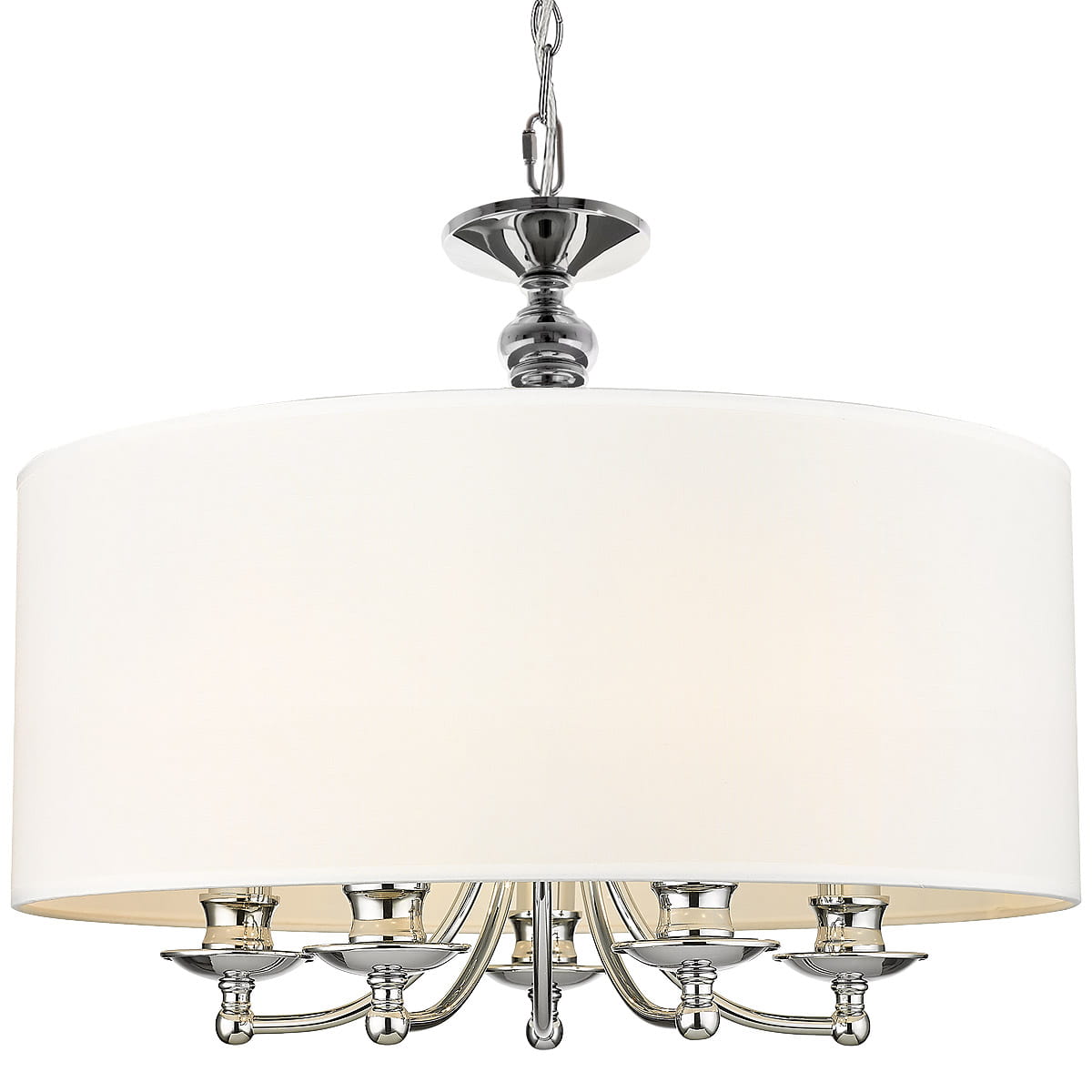 Lampa wisząca Abu Dhabi 5-punktowa w kolorze chromu z białym, okrągłym kloszem. Zawieszona na łańcuchu, z eleganckimi detalami na podstawie i pięcioma miejscami na żarówki. Idealna do nowoczesnych wnętrz.