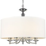 Lampa wisząca Abu Dhabi 5-punktowa w kolorze chromu z białym, okrągłym kloszem. Zawieszona na łańcuchu, z eleganckimi detalami na podstawie i pięcioma miejscami na żarówki. Idealna do nowoczesnych wnętrz.