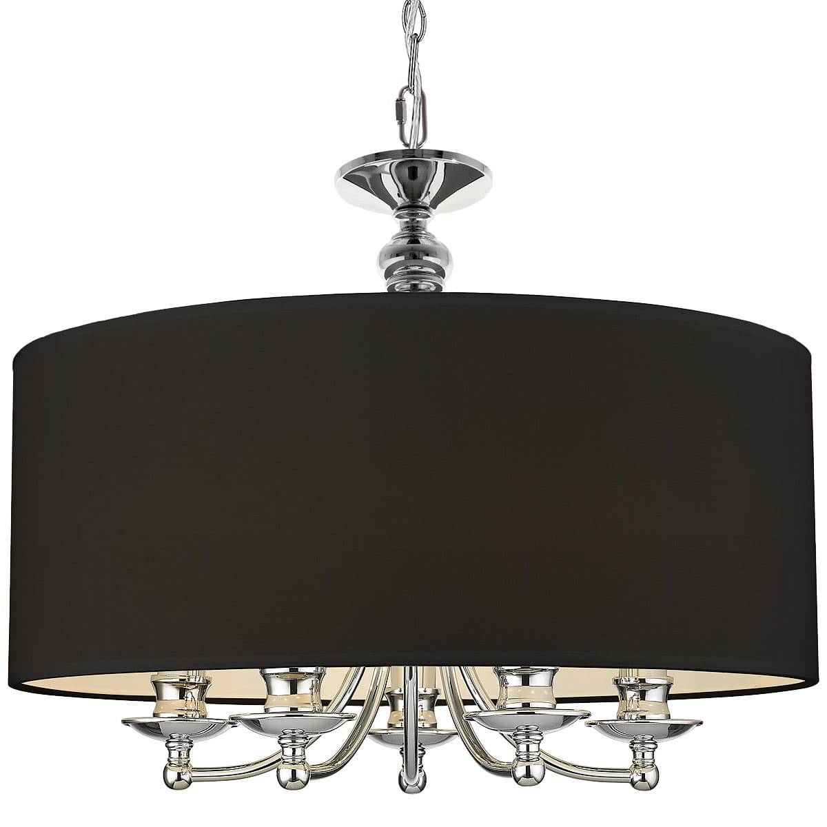 Lampa wisząca Abu Dhabi z pięcioma punktami świetlnymi, z czarnym abażurem i chromowanymi detalami. Ujęcie z dołu, pokazujące elegancki kształt i metalowe wykończenie. Produkt zawieszony na łańcuchu, idealny do nowoczesnych wnętrz.