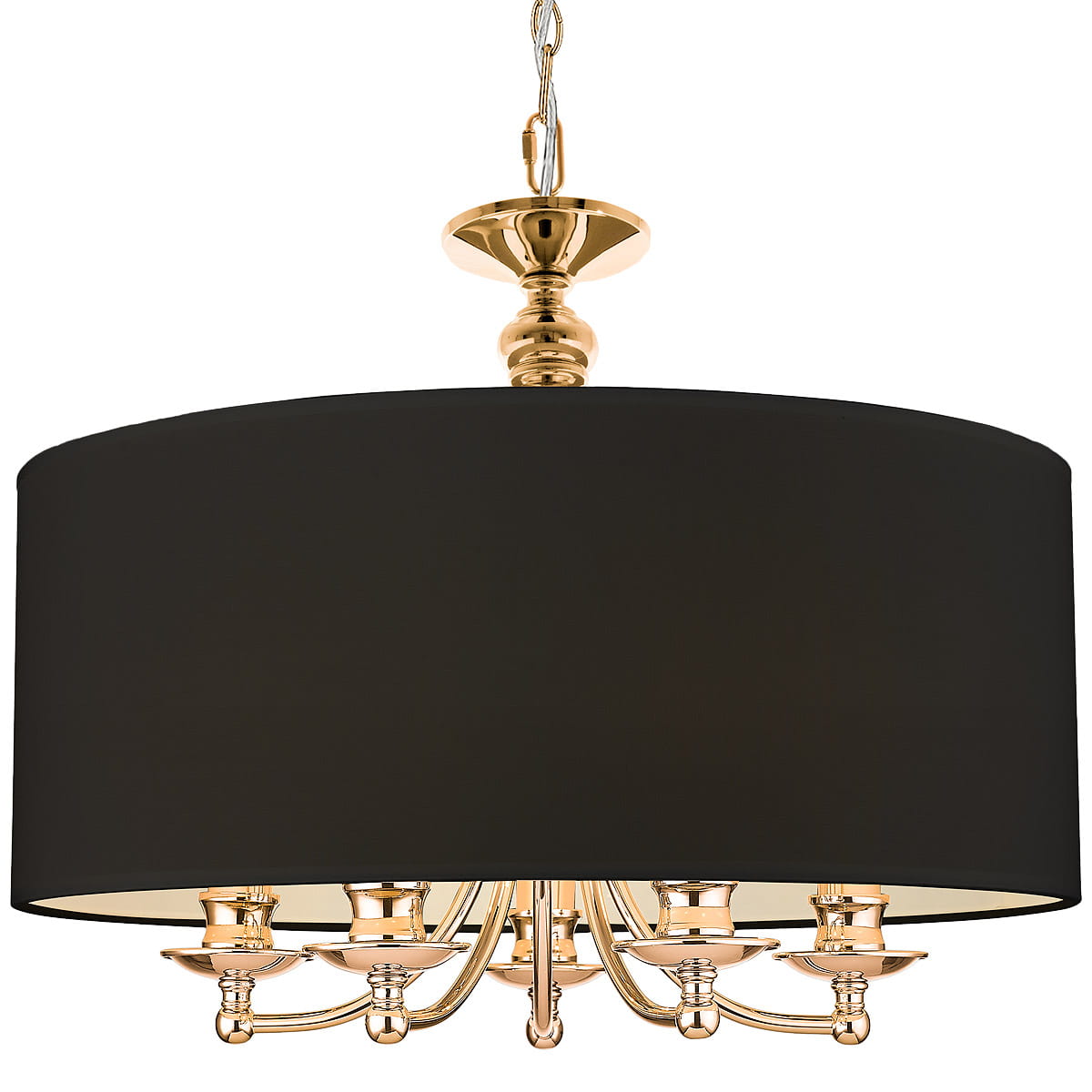 Lampa wisząca Abu Dhabi 5-punktowa w złotym wykończeniu, z czarnym, okrągłym abażurem. Posiada pięć źródeł światła umieszczonych na eleganckich ramionach. Zawieszona na metalowym łańcuchu, idealna do nowoczesnych wnętrz.