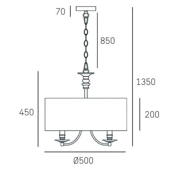 Lampa wisząca Abu Dhabi 5-punktowa w kolorze złotym. Prosta konstrukcja z szerokim, prostokątnym kloszem. Długość całkowita 135 cm, średnica 50 cm. Zawieszona na łańcuchu, z pięcioma źródłami światła na dolnej części.