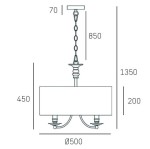 Lampa wisząca Abu Dhabi 5-punktowa w kolorze złotym. Prosta konstrukcja z szerokim, prostokątnym kloszem. Długość całkowita 135 cm, średnica 50 cm. Zawieszona na łańcuchu, z pięcioma źródłami światła na dolnej części.